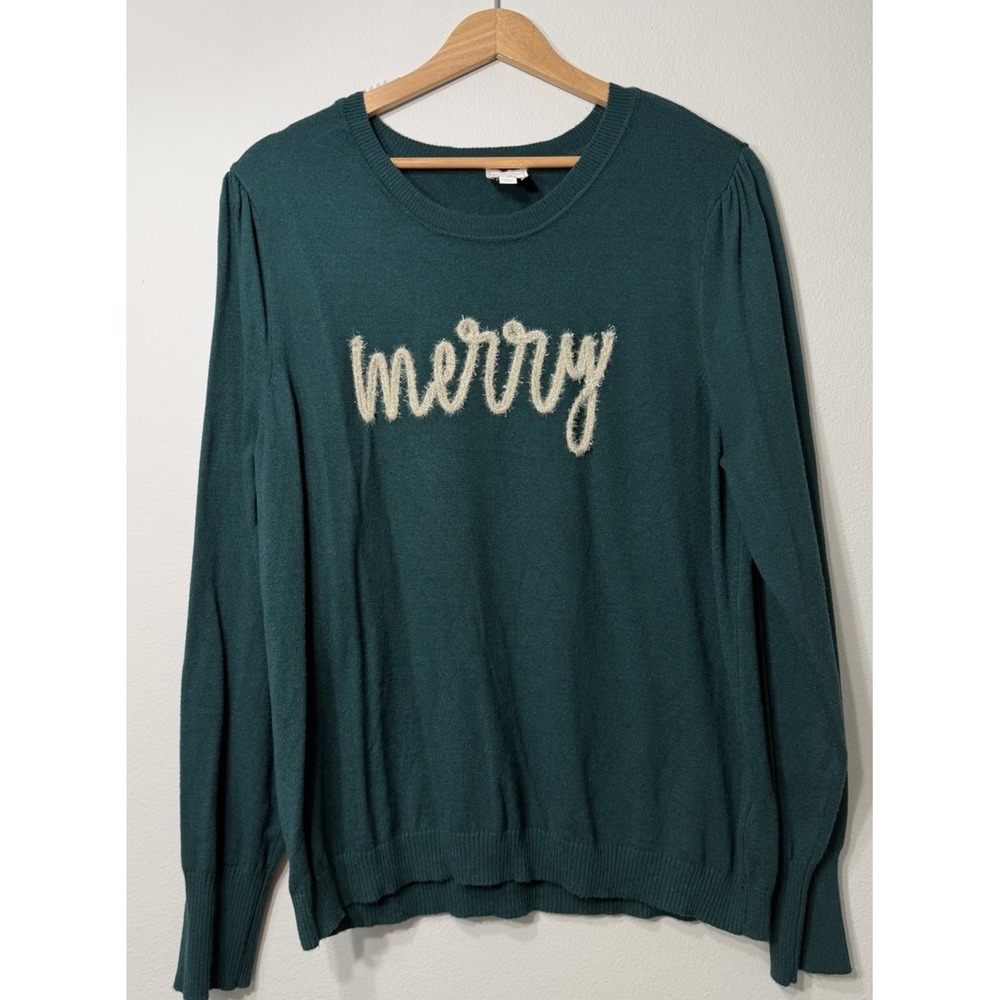Zac & Rachel Sweater Large Green Merry Holiday Tinsel Embroidery Crewneck